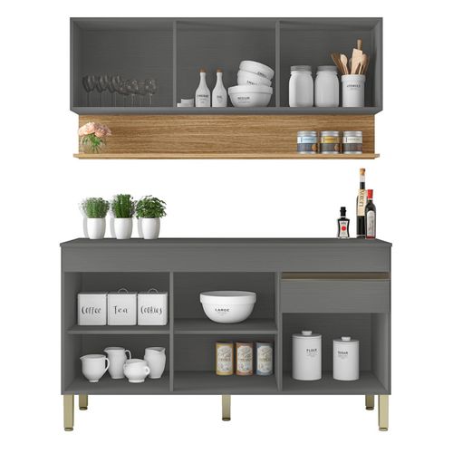 Cuisine Equipée 6 Portes 1 Tiroir Chêne Et Gris L 120 H 200 P 53.3 Cm