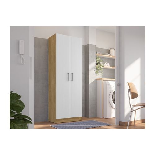 Armoire 2 Portes Chêne Et Blanc 5 Niches L 61 H 170.6 P 35.3 Cm