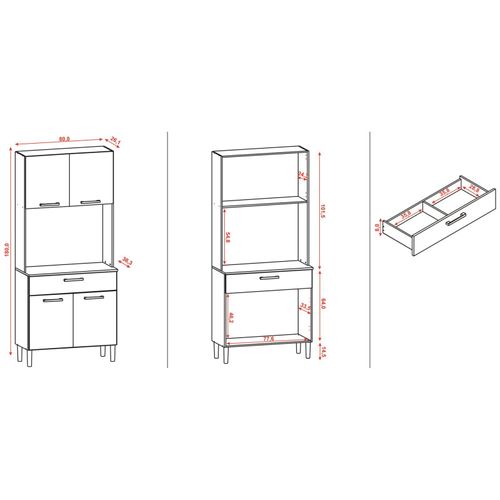 Buffet De Cuisine 4 Portes 1 Tiroir Blanc 3 Niches L 80 H 180 P 36.3 Cm