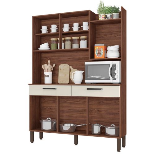 Buffet De Cuisine 6 Portes 2 Tiroirs Noyer Blanc 10 Niches L 132 H 186 P 38.8 Cm