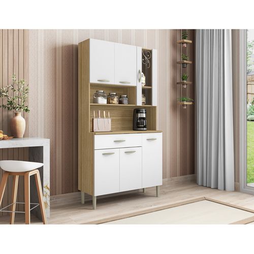 Buffet De Cuisine 6 Portes 1 Tiroir Chêne Et Blanc L 90.9 H 173.5 P 36.3 Cm