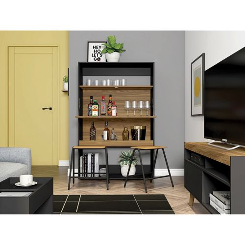 Meuble Secrétaire - Bar Noir Et Chêne 4 Niches L 90 H 140.5 P 36 Cm