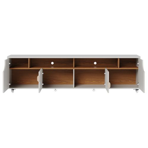 Meuble TV 75 Pouces Blanc Grisé Et Chêne 4 Portes 8 Niches Roulettes L 200 H 55 P 38 Cm