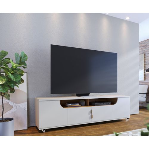 Meuble TV 75 Pouces Blanc Grisé Et Chêne 4 Portes 8 Niches Roulettes L 200 H 55 P 38 Cm