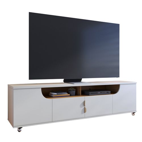 Meuble TV 75 Pouces Blanc Grisé Et Chêne 4 Portes 8 Niches Roulettes L 200 H 55 P 38 Cm