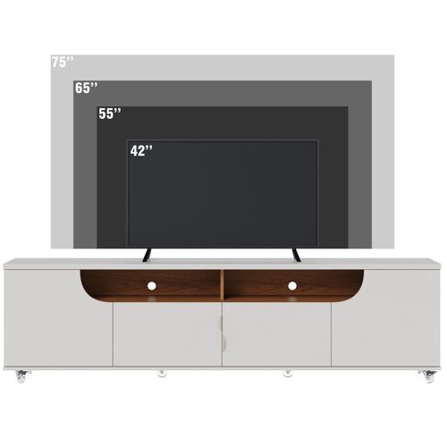 Meuble TV 75 Pouces Blanc Grisé Et Chêne 4 Portes 8 Niches Roulettes L 200 H 55 P 38 Cm