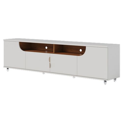 Meuble TV 75 Pouces Blanc Grisé Et Chêne 4 Portes 8 Niches Roulettes L 200 H 55 P 38 Cm