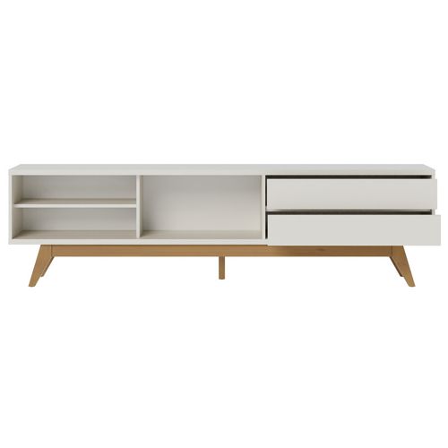 Meuble TV 75 Pouces Blanc Grisé Pieds Bois 1 Porte 2 Tiroirs 3 Niches L 200 H 55.2 P 37.7 Cm