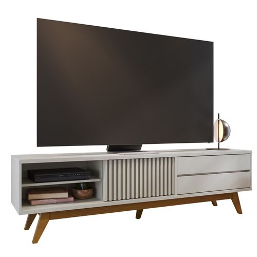 Meuble TV 75 Pouces Blanc Grisé Pieds Bois 1 Porte 2 Tiroirs 3 Niches L 200 H 55.2 P 37.7 Cm