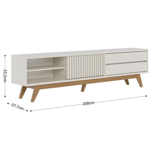 Meuble TV 75 Pouces Blanc Grisé Pieds Bois 1 Porte 2 Tiroirs 3 Niches L 200 H 55.2 P 37.7 Cm