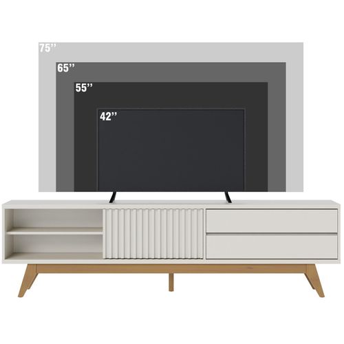 Meuble TV 75 Pouces Blanc Grisé Pieds Bois 1 Porte 2 Tiroirs 3 Niches L 200 H 55.2 P 37.7 Cm