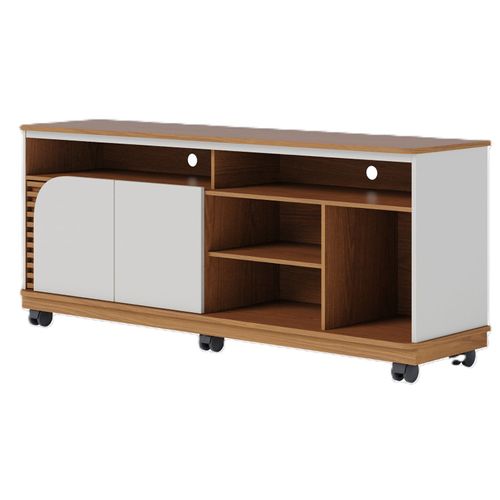 Meuble TV 65 Pouces Chêne Et Blanc 2 Portes 7 Niches Roulettes L 150 H 63.2 P 39.3 Cm
