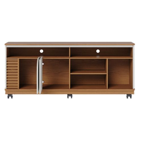Meuble TV 65 Pouces Chêne Et Blanc 2 Portes 7 Niches Roulettes L 150 H 63.2 P 39.3 Cm