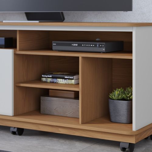 Meuble TV 65 Pouces Chêne Et Blanc 2 Portes 7 Niches Roulettes L 150 H 63.2 P 39.3 Cm