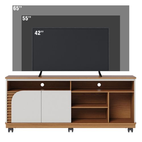 Meuble TV 65 Pouces Chêne Et Blanc 2 Portes 7 Niches Roulettes L 150 H 63.2 P 39.3 Cm