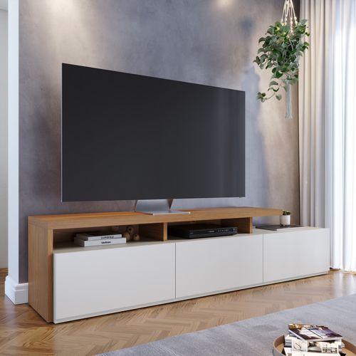 Meuble TV Bar 70 Pouces Chêne Et Blanc Grisé 3 Portes 6 Niches L 210 H 50.6 P 45.3 Cm