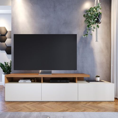 Meuble TV Bar 70 Pouces Chêne Et Blanc Grisé 3 Portes 6 Niches L 210 H 50.6 P 45.3 Cm