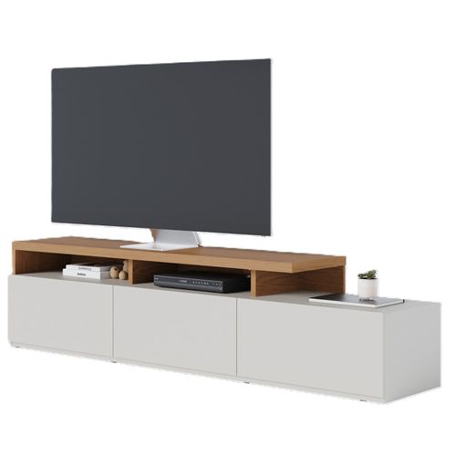 Meuble TV Bar 70 Pouces Chêne Et Blanc Grisé 3 Portes 6 Niches L 210 H 50.6 P 45.3 Cm