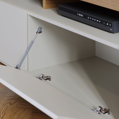 Meuble TV Bar 70 Pouces Chêne Et Blanc Grisé 3 Portes 6 Niches L 210 H 50.6 P 45.3 Cm