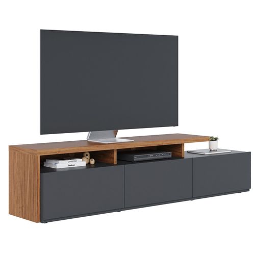 Meuble TV Bar 70 Pouces Chêne Et Anthracite 3 Portes 6 Niches L 210 H 50.6 P 45.3 Cm