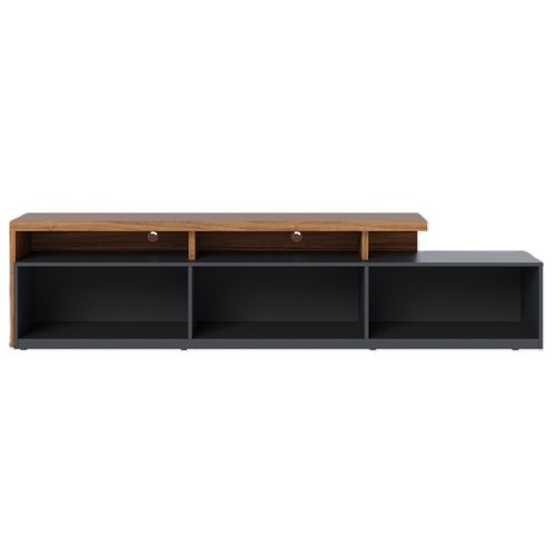 Meuble TV Bar 70 Pouces Chêne Et Anthracite 3 Portes 6 Niches L 210 H 50.6 P 45.3 Cm