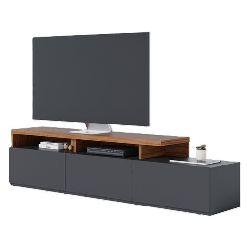 Meuble TV Bar 70 Pouces Chêne Et Anthracite 3 Portes 6 Niches L 210 H 50.6 P 45.3 Cm