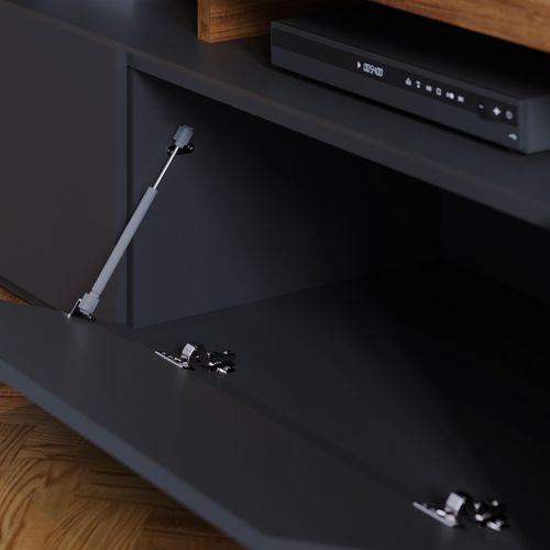 Meuble TV Bar 70 Pouces Chêne Et Anthracite 3 Portes 6 Niches L 210 H 50.6 P 45.3 Cm