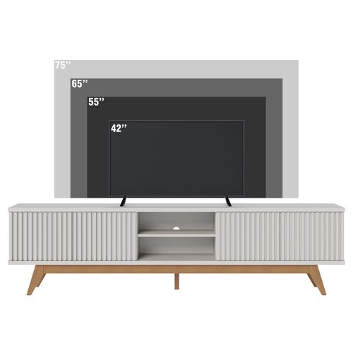 Meuble TV 75 Pouces Blanc Grisé Pieds Bois 4 Portes 8 Niches L 218 H 57 P 40 Cm