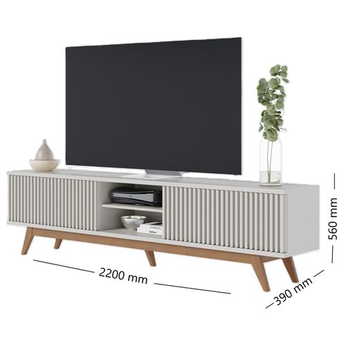 Meuble TV 75 Pouces Blanc Grisé Pieds Bois 4 Portes 8 Niches L 218 H 57 P 40 Cm