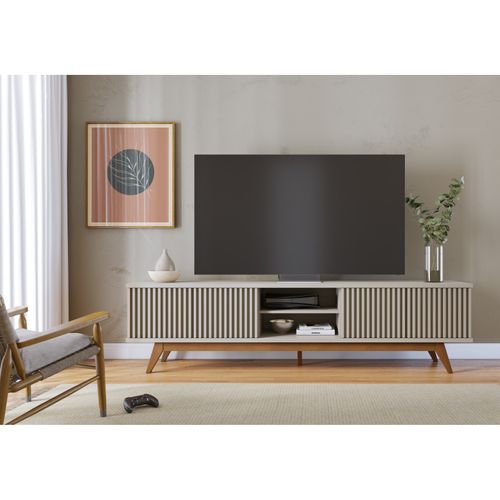 Meuble TV 75 Pouces Blanc Grisé Pieds Bois 4 Portes 8 Niches L 218 H 57 P 40 Cm