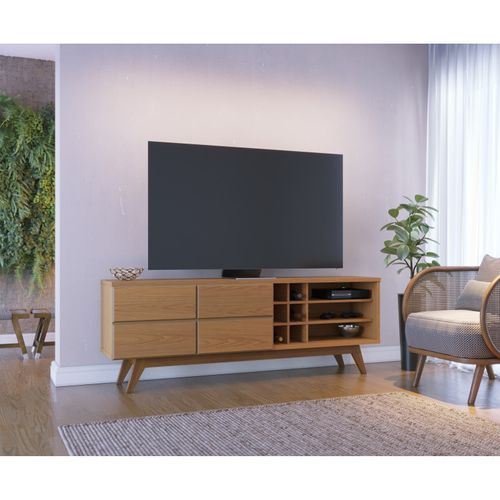 Meuble TV 75 Pouces Chêne Pieds Bois 2 Portes 11 Niches L 180 H 64.2 P 36.5 Cm