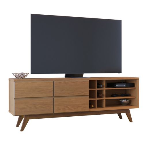 Meuble TV 75 Pouces Chêne Pieds Bois 2 Portes 11 Niches L 180 H 64.2 P 36.5 Cm