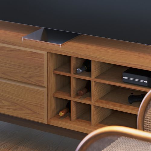 Meuble TV 75 Pouces Chêne Pieds Bois 2 Portes 11 Niches L 180 H 64.2 P 36.5 Cm