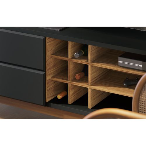 Meuble TV 75 Pouces Noir Et Chêne Pieds Bois 2 Portes 11 Niches L 180 H 64.2 P 36.5 Cm