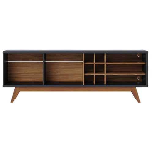 Meuble TV 75 Pouces Noir Et Chêne Pieds Bois 2 Portes 11 Niches L 180 H 64.2 P 36.5 Cm