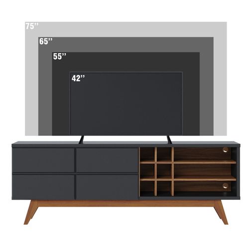 Meuble TV 75 Pouces Noir Et Chêne Pieds Bois 2 Portes 11 Niches L 180 H 64.2 P 36.5 Cm