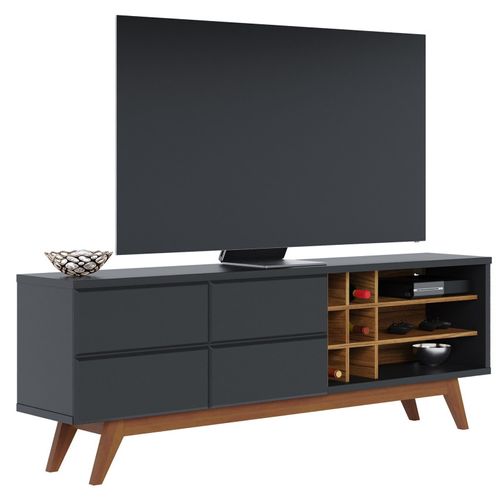 Meuble TV 75 Pouces Noir Et Chêne Pieds Bois 2 Portes 11 Niches L 180 H 64.2 P 36.5 Cm