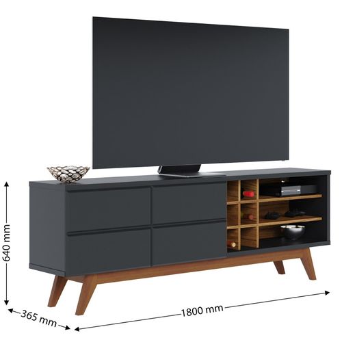 Meuble TV 75 Pouces Noir Et Chêne Pieds Bois 2 Portes 11 Niches L 180 H 64.2 P 36.5 Cm