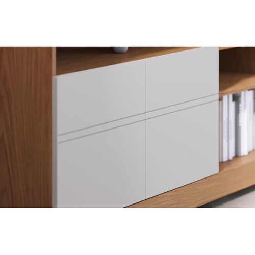 Meuble TV 65 Pouces Chêne Et Blanc 2 Portes 6 Niches Roulettes L 160 H 68 P 37.4 Cm