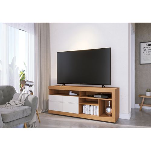 Meuble TV 65 Pouces Chêne Et Blanc 2 Portes 6 Niches Roulettes L 160 H 68 P 37.4 Cm