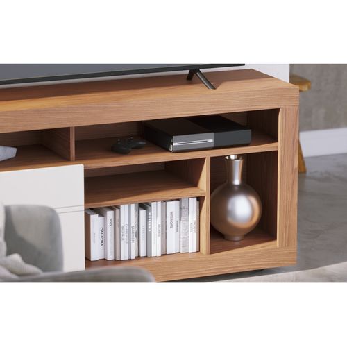 Meuble TV 65 Pouces Chêne Et Blanc 2 Portes 6 Niches Roulettes L 160 H 68 P 37.4 Cm
