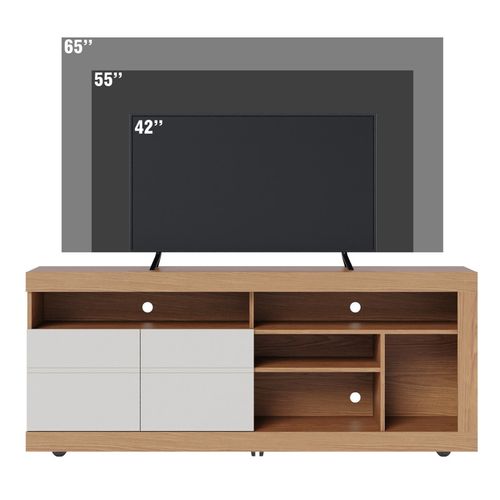 Meuble TV 65 Pouces Chêne Et Blanc 2 Portes 6 Niches Roulettes L 160 H 68 P 37.4 Cm