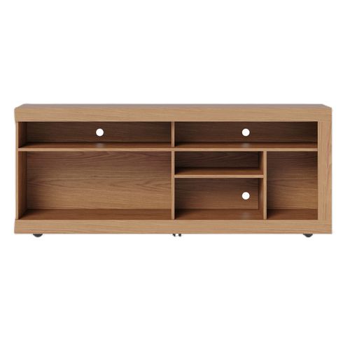 Meuble TV 65 Pouces Chêne Et Blanc 2 Portes 6 Niches Roulettes L 160 H 68 P 37.4 Cm