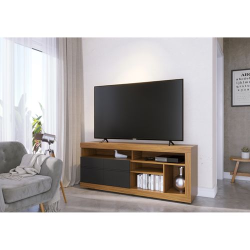 Meuble TV 65 Pouces Chêne Et Anthracite 2 Portes 6 Niches Roulettes L 160 H 68 P 37.4 Cm