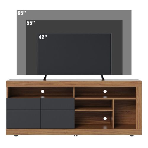 Meuble TV 65 Pouces Chêne Et Anthracite 2 Portes 6 Niches Roulettes L 160 H 68 P 37.4 Cm