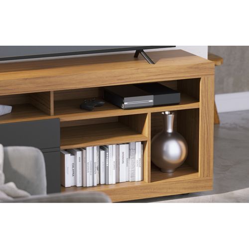 Meuble TV 65 Pouces Chêne Et Anthracite 2 Portes 6 Niches Roulettes L 160 H 68 P 37.4 Cm