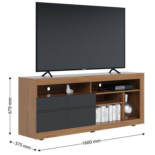 Meuble TV 65 Pouces Chêne Et Anthracite 2 Portes 6 Niches Roulettes L 160 H 68 P 37.4 Cm