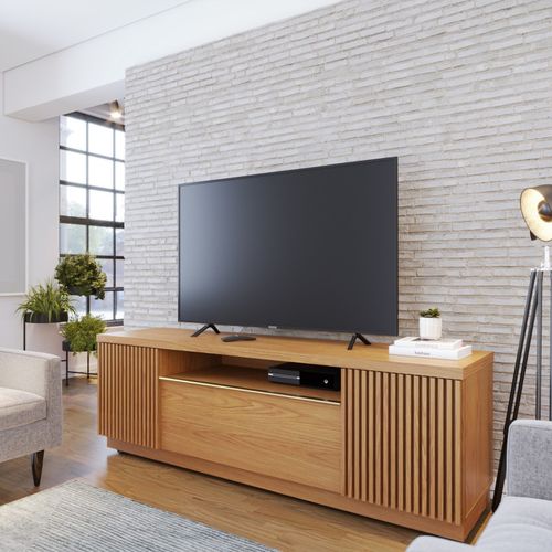 Meuble TV Bar 70 Pouces Chêne 3 Portes 5 Niches Roulettes L 180 H 60.2 P 44.9 Cm