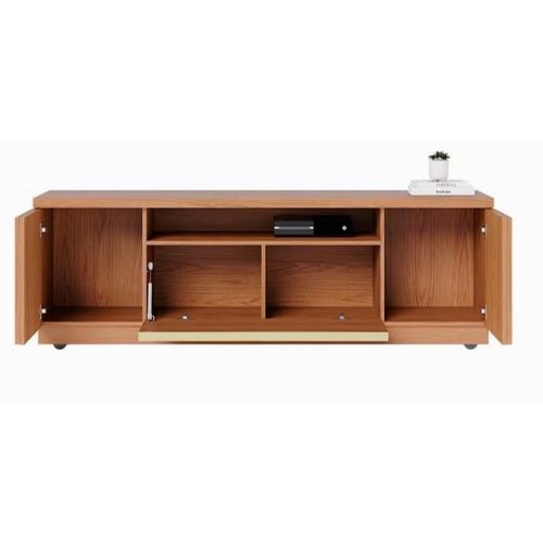Meuble TV Bar 70 Pouces Chêne 3 Portes 5 Niches Roulettes L 180 H 60.2 P 44.9 Cm