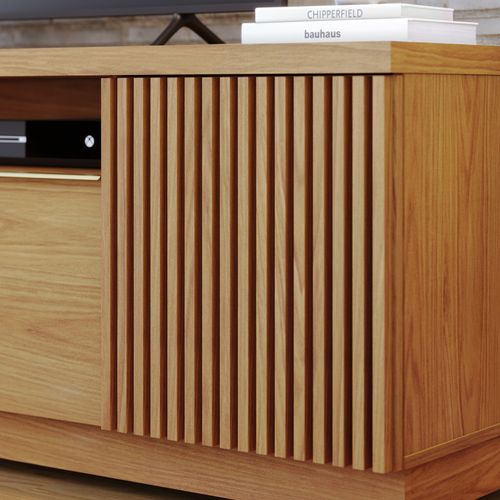 Meuble TV Bar 70 Pouces Chêne 3 Portes 5 Niches Roulettes L 180 H 60.2 P 44.9 Cm